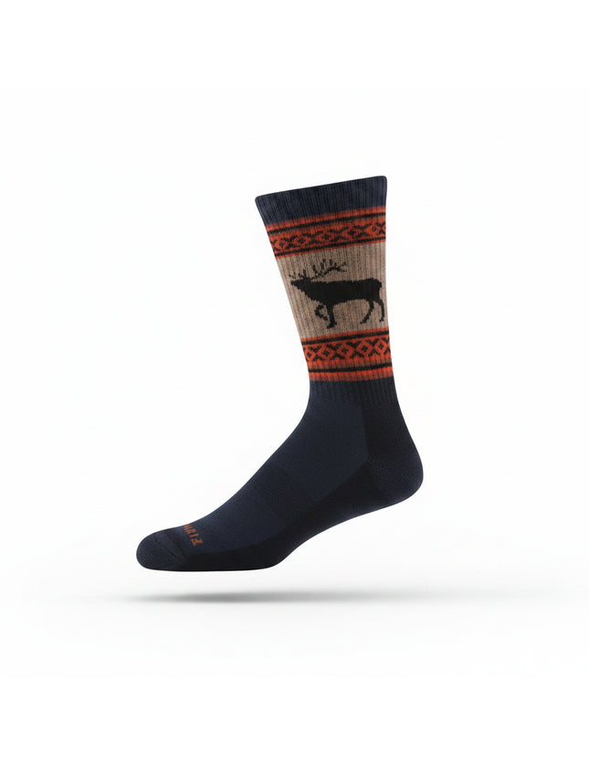 Navy blue sock with a brown and orange patterned cuff featuring a black deer silhouette