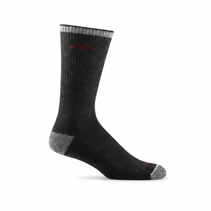 Black sock with grey heel and toe, and a grey and white striped cuff