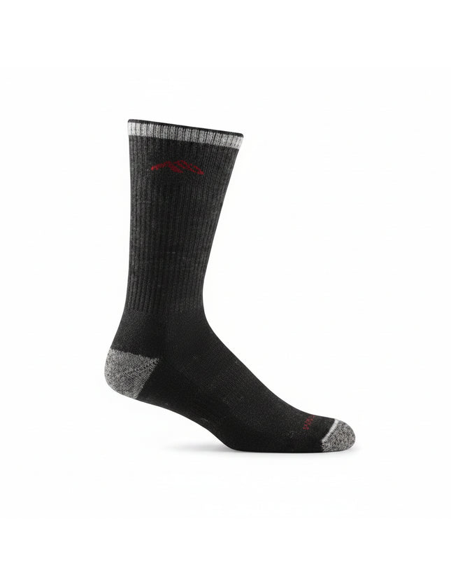 Black sock with grey heel and toe, and a grey and white striped cuff