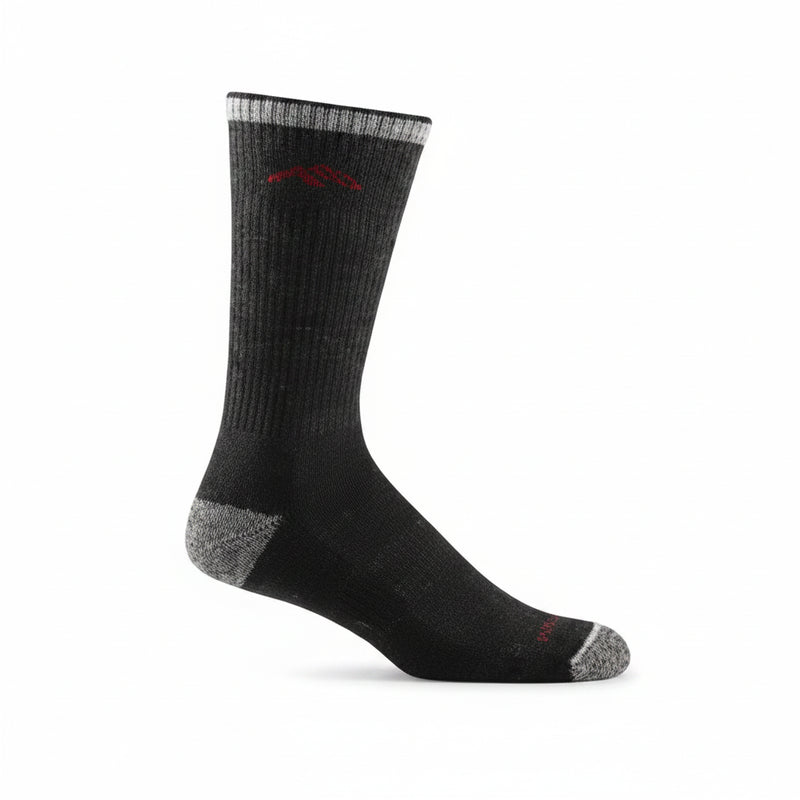 Black sock with grey heel and toe, and a grey and white striped cuff