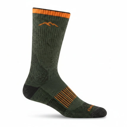 Dark green sock with orange stripes and mountain logo