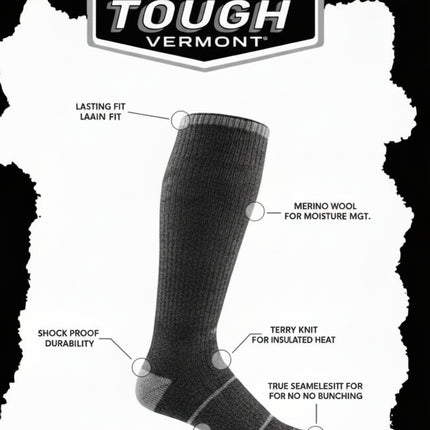 Black sock with features labeled on a white background, featuring Darn Tough Vermont logo.
