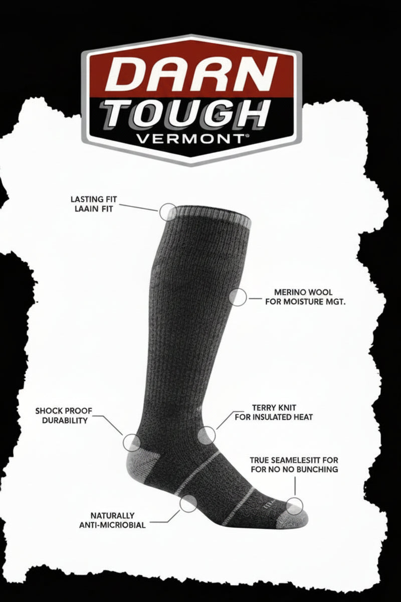 Black sock with features labeled on a white background, featuring Darn Tough Vermont logo.