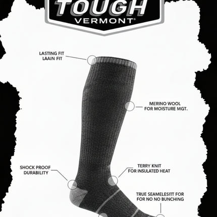 Black sock with features labeled on a white background, featuring Darn Tough Vermont logo.