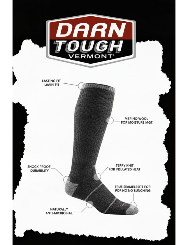 Black sock with features labeled on a white background, featuring Darn Tough Vermont logo.