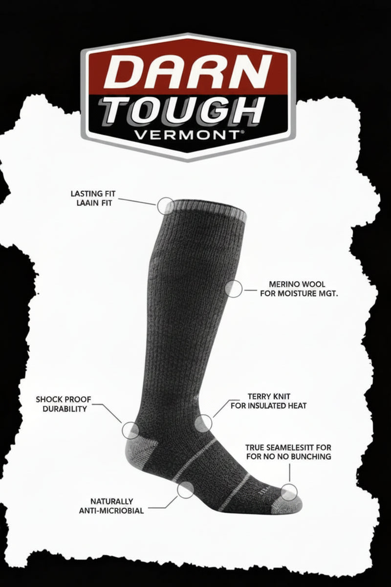 Black sock with features labeled on a white background, featuring Darn Tough Vermont logo.