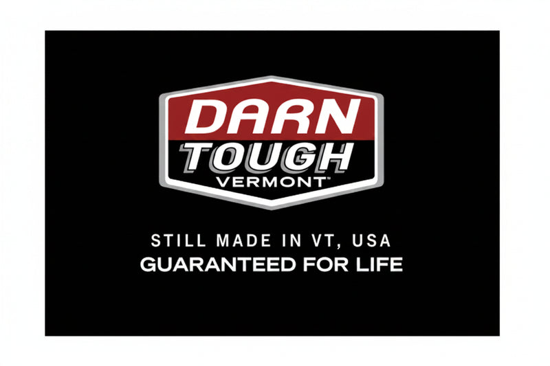 Darn Tough Vermont logo on a black background with text about product origin and guarantee.