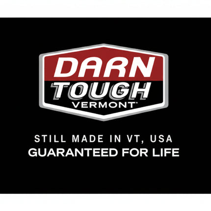 Darn Tough Vermont logo on a black background with text about product origin and guarantee.