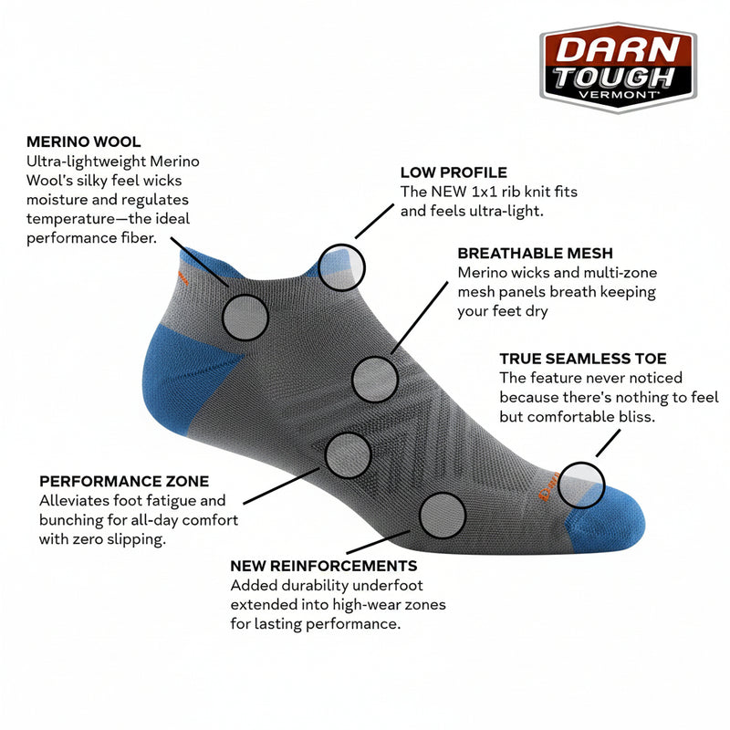 Gray sock with blue accent, featuring text on features and Darn Tough Vermont branding.