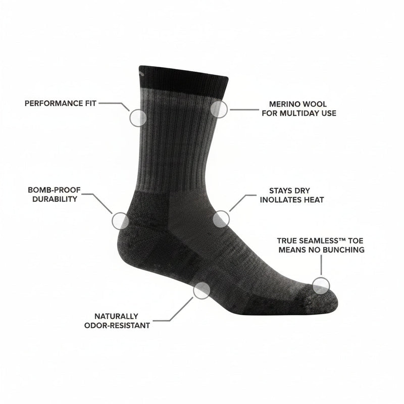 Black sock with callouts for performance fit, durability, odor-resistant, merino wool, stays dry, and seamless toe