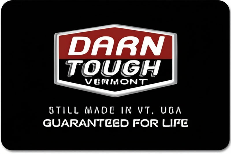 Darn Tough Vermont logo with text Still Made in VT, USA Guaranteed for Life