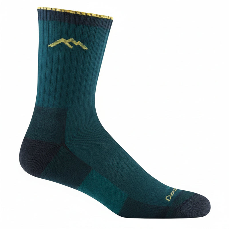 Teal sock with black heel and toe, gold mountain logo, and gold stripe at the top