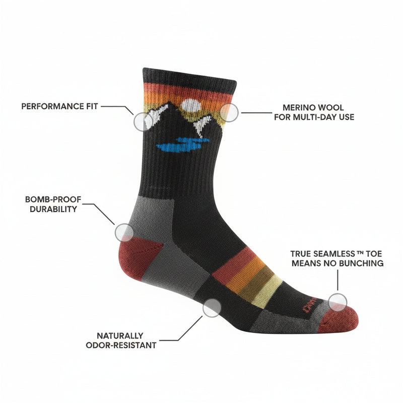 Black sock with mountain design and feature callouts