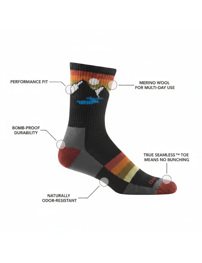Black sock with mountain design and text labels for features