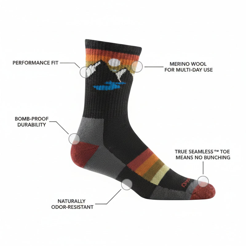 Black sock with mountain design and text labels for features