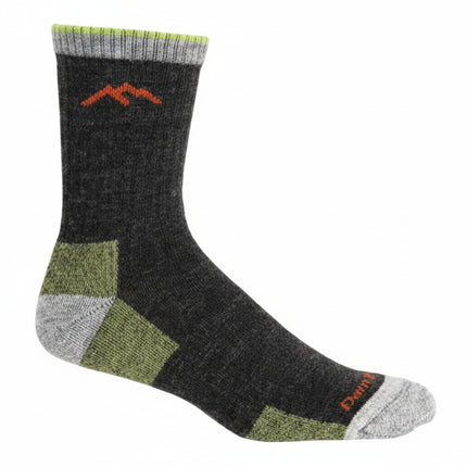 Dark grey hiking sock with green and light grey accents, and a red mountain logo