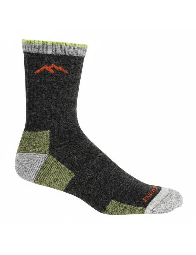 Dark grey hiking sock with green and light grey accents, and a red mountain logo