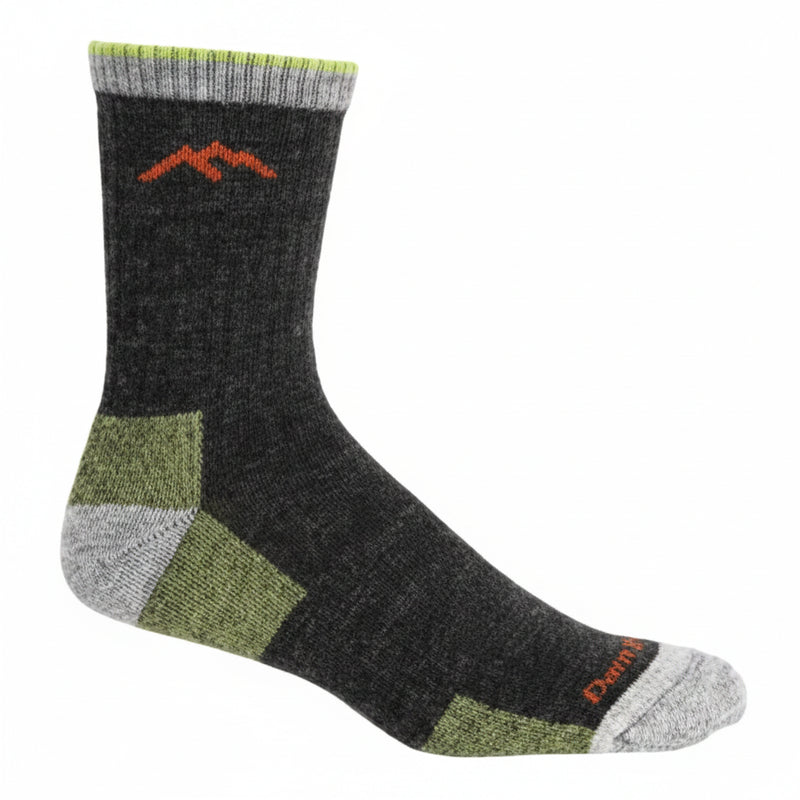Dark grey hiking sock with green and light grey accents, and a red mountain logo