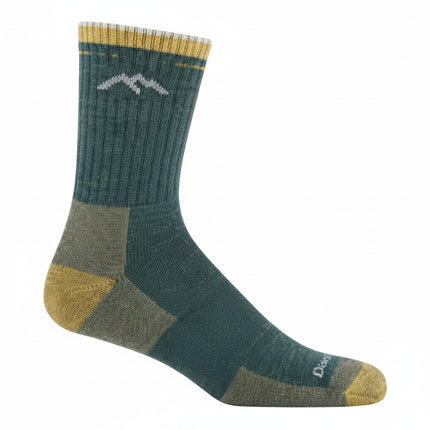 Teal and yellow hiking sock with a mountain logo