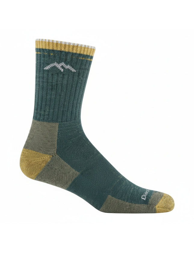 Teal and yellow hiking sock with a mountain logo