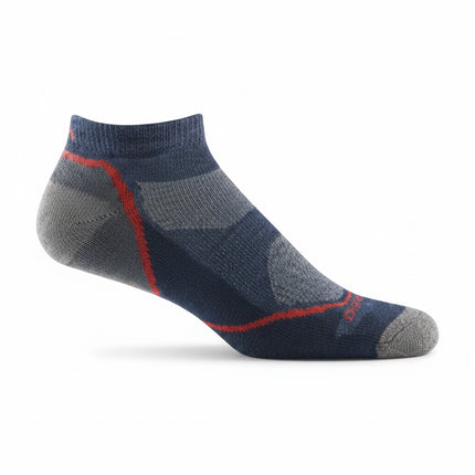 Blue and grey sock with red stripe
