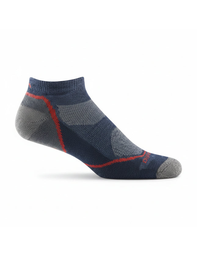 Blue and grey sock with red stripe