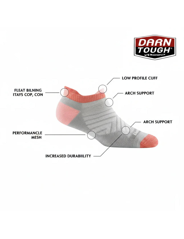 Darn Tough sock with features labeled: low profile cuff, arch support, performance mesh, increased durability