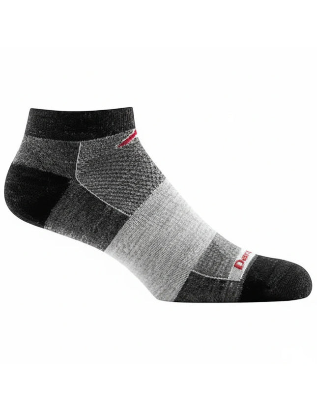 Black and grey patterned ankle sock with a red stripe and red text