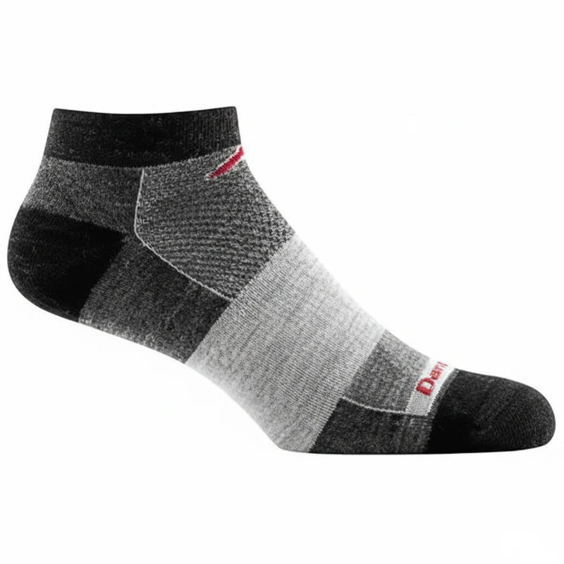 Black and grey patterned ankle sock with a red stripe and red text