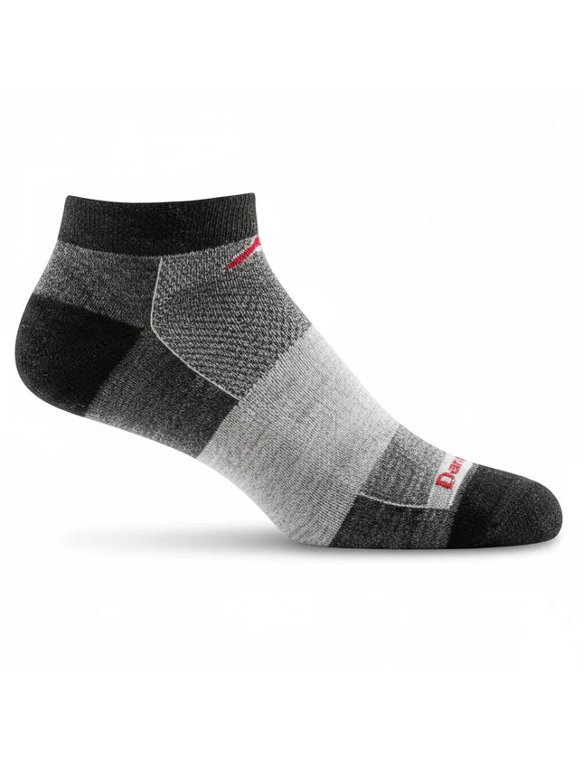 Black and grey patterned ankle sock with a red logo on the ankle and foot
