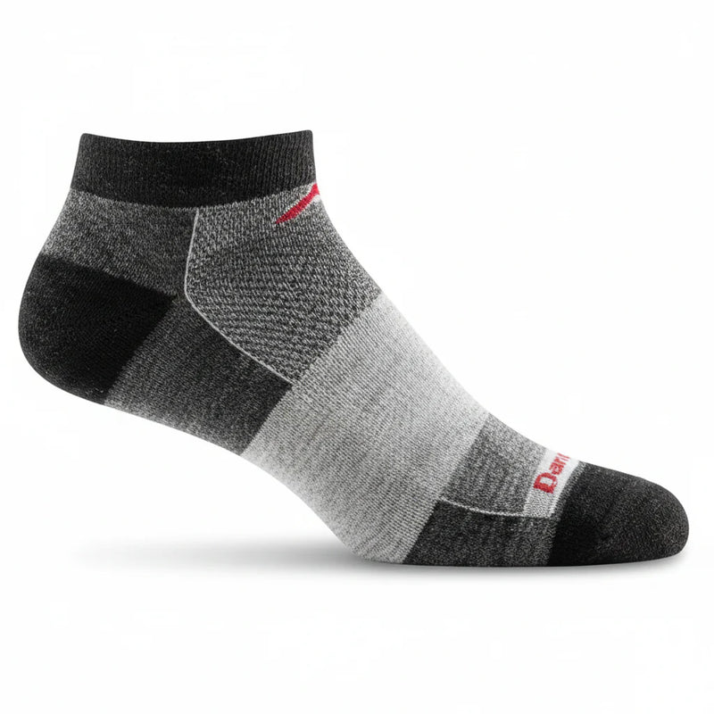 Black and grey patterned ankle sock with a red logo on the ankle and foot
