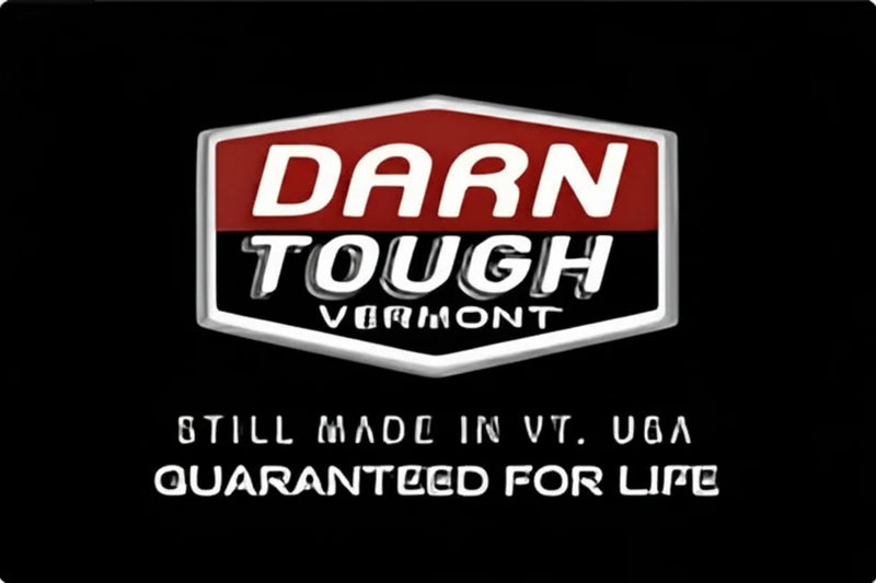Darn Tough Vermont logo with text Still Made in VT, USA, Guaranteed for Life