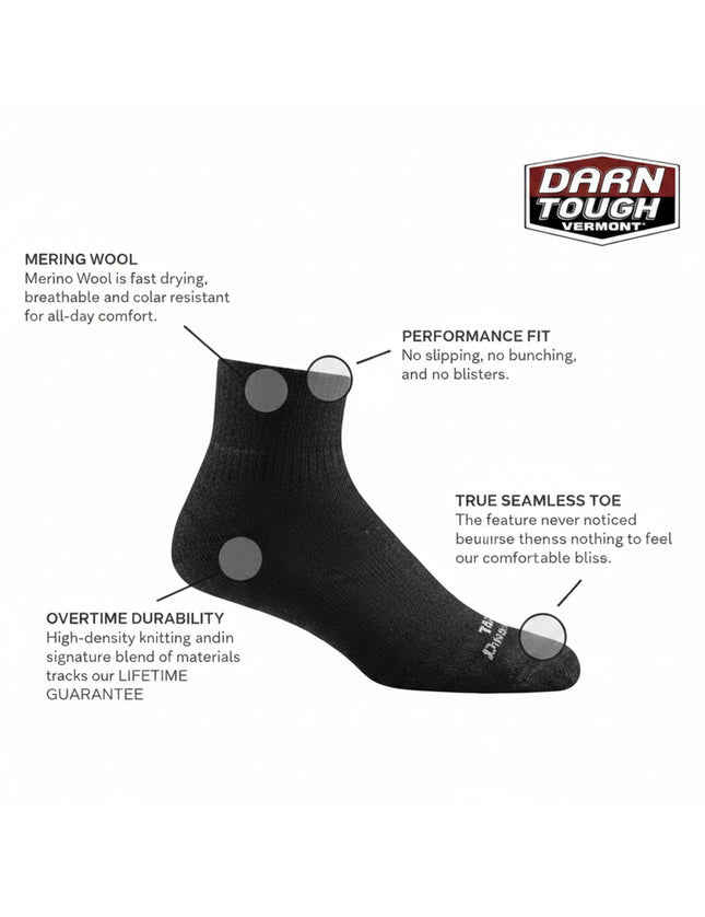 Black Darn Tough sock with feature callouts for merino wool, performance fit, seamless toe, and durability