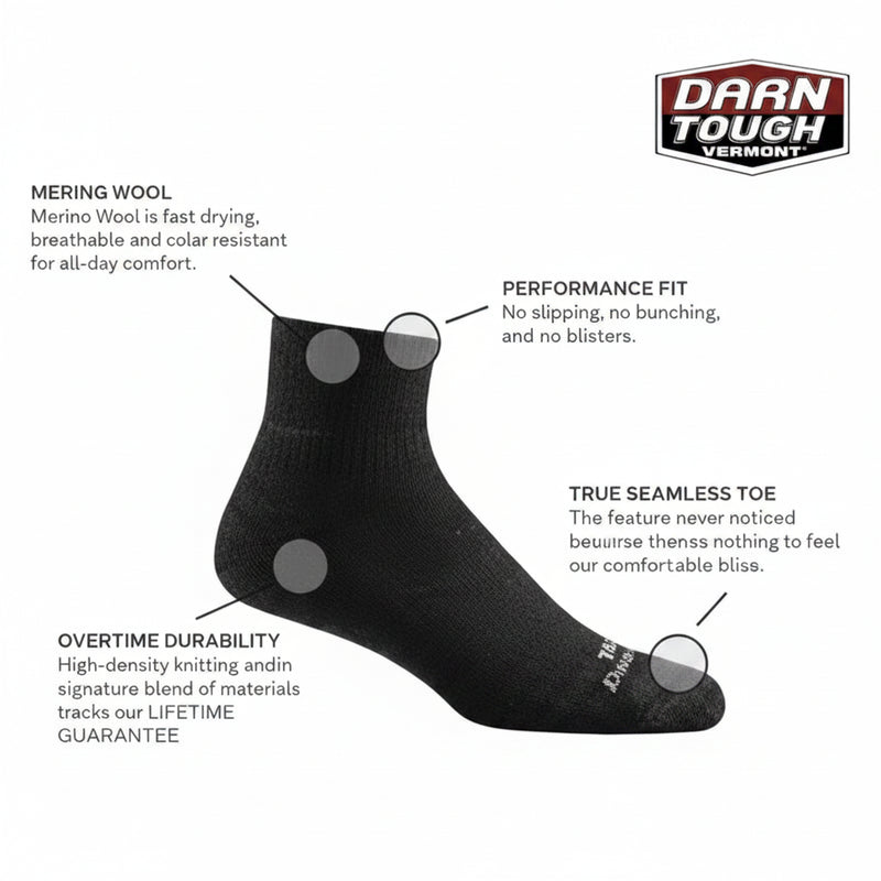 Black Darn Tough sock with feature callouts for merino wool, performance fit, seamless toe, and durability