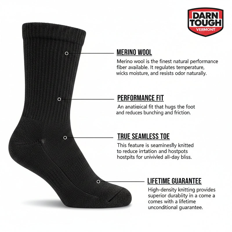 Black sock with labels pointing to merino wool, performance fit, true seamless toe, and lifetime guarantee