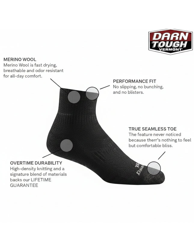 Darn Tough Vermont sock with features highlighted: Merino wool, performance fit, seamless toe