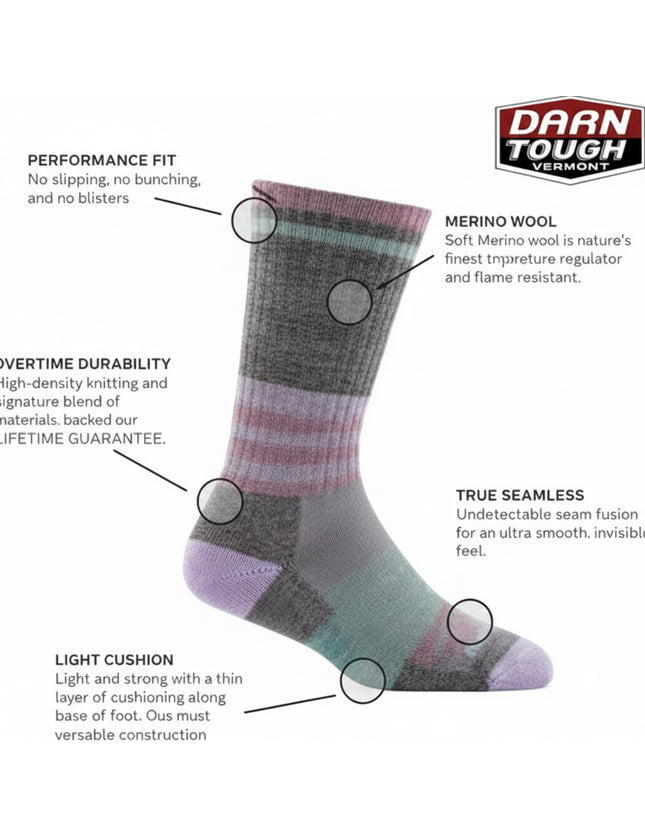 Darn Tough Vermont merino wool sock with performance fit, durability, seamless toe, light cushion