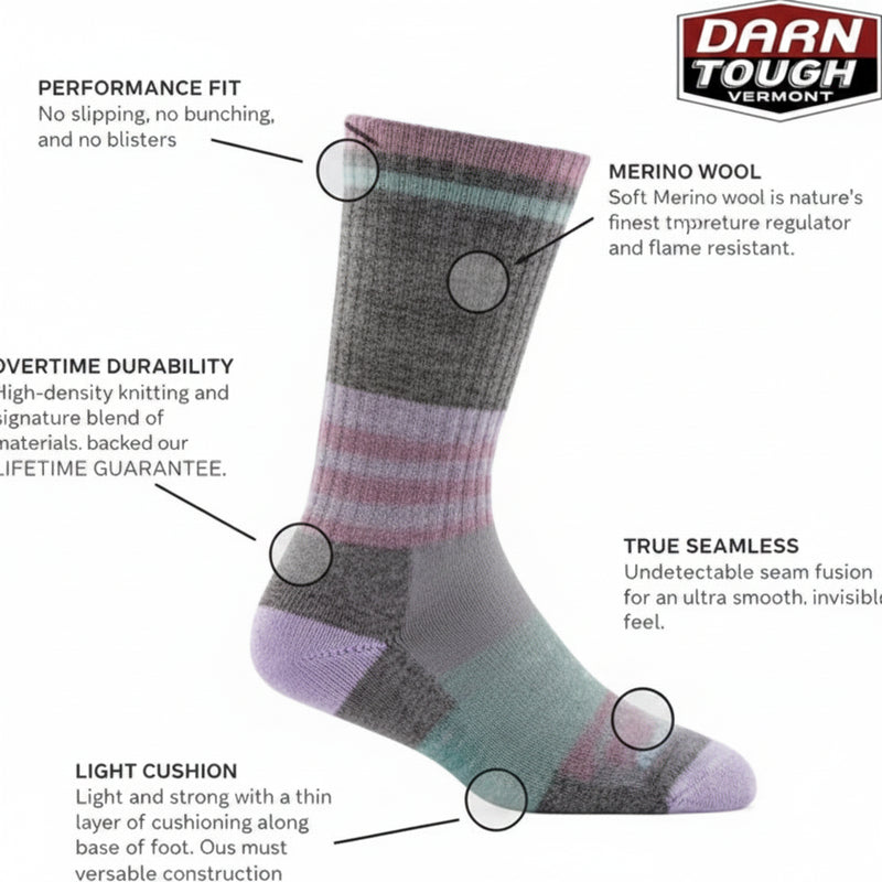 Darn Tough Vermont merino wool sock with performance fit, durability, seamless toe, light cushion