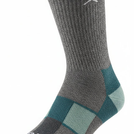 Grey sock with teal and light blue accents on the heel and toe