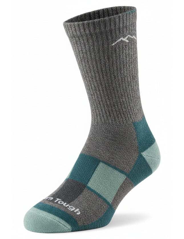 Grey sock with teal and light blue accents on the heel and toe