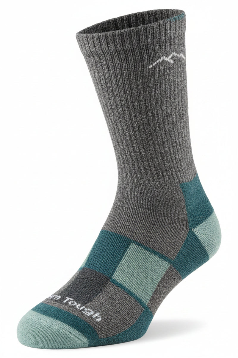 Grey sock with teal and light blue accents on the heel and toe