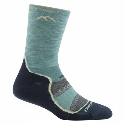 Darn Tough light blue and navy hiking sock with a mountain logo