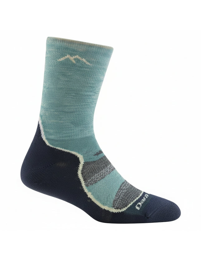 Darn Tough light blue and navy hiking sock with a mountain logo