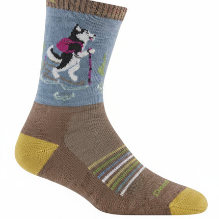 Blue and brown sock with a husky dog skiing design