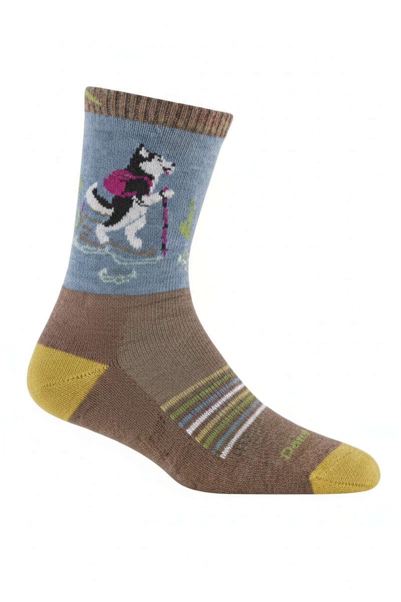Blue and brown sock with a husky dog skiing design