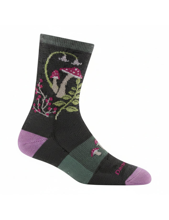 Dark grey sock with purple heel and toe, featuring a mushroom and floral design