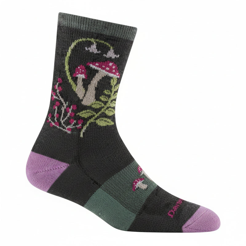 Dark grey sock with purple heel and toe, featuring a mushroom and floral design