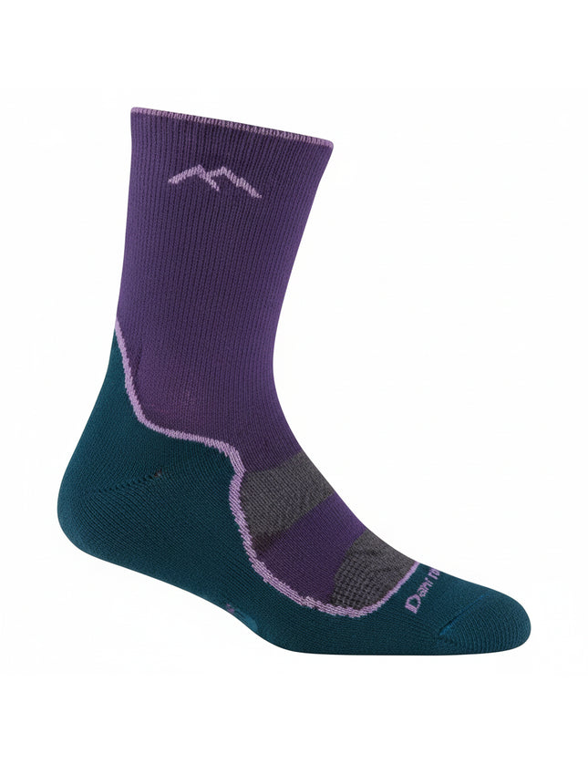 Purple and teal hiking sock with a mountain logo