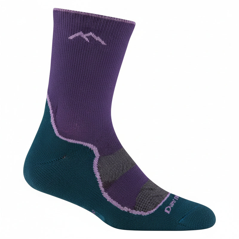 Purple and teal hiking sock with a mountain logo