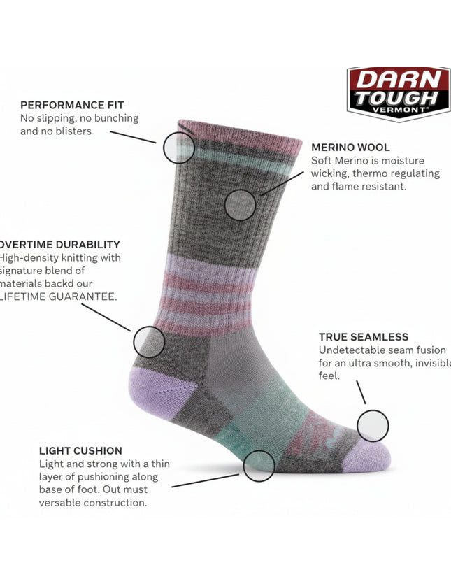 Darn Tough Vermont merino wool sock with performance fit, durability, light cushion, and seamless toe